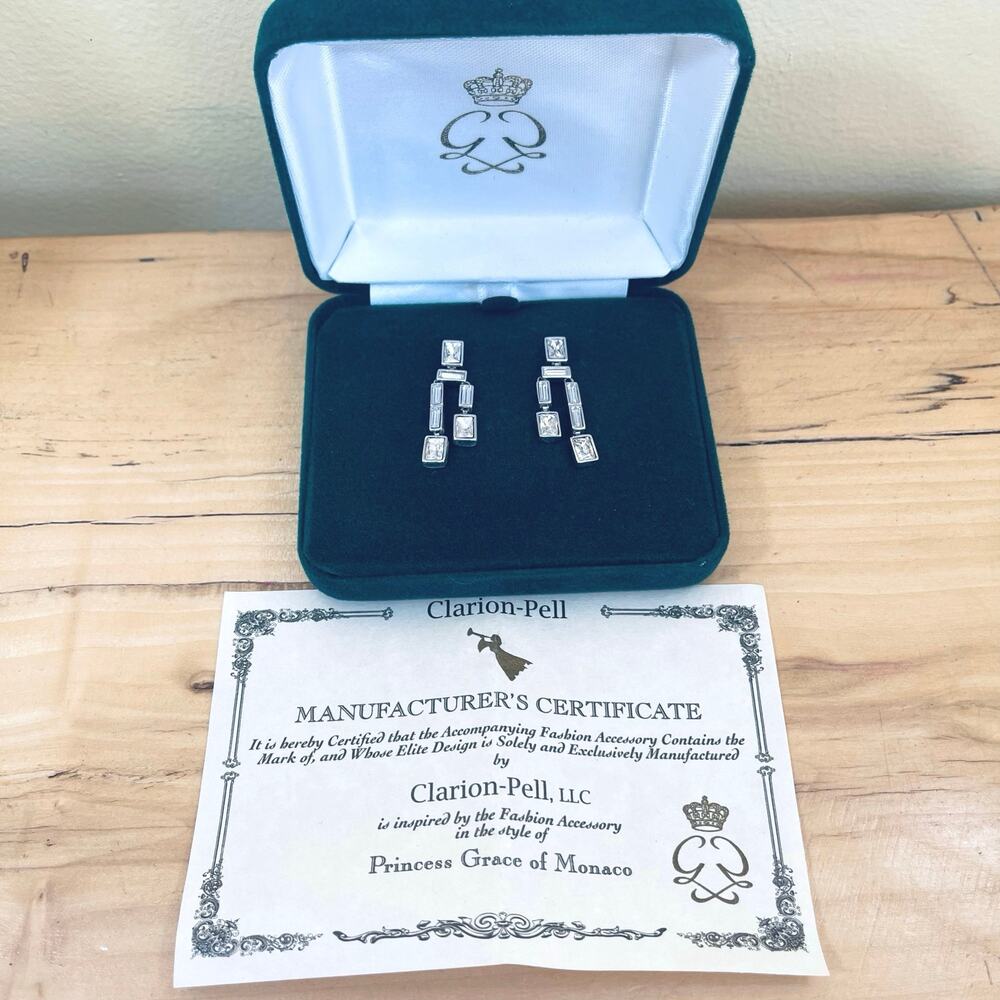 Vtg Clarion-Pell GRACE KELLY Crystal Baguette EARRINGS Lady Princess Monaco MCM